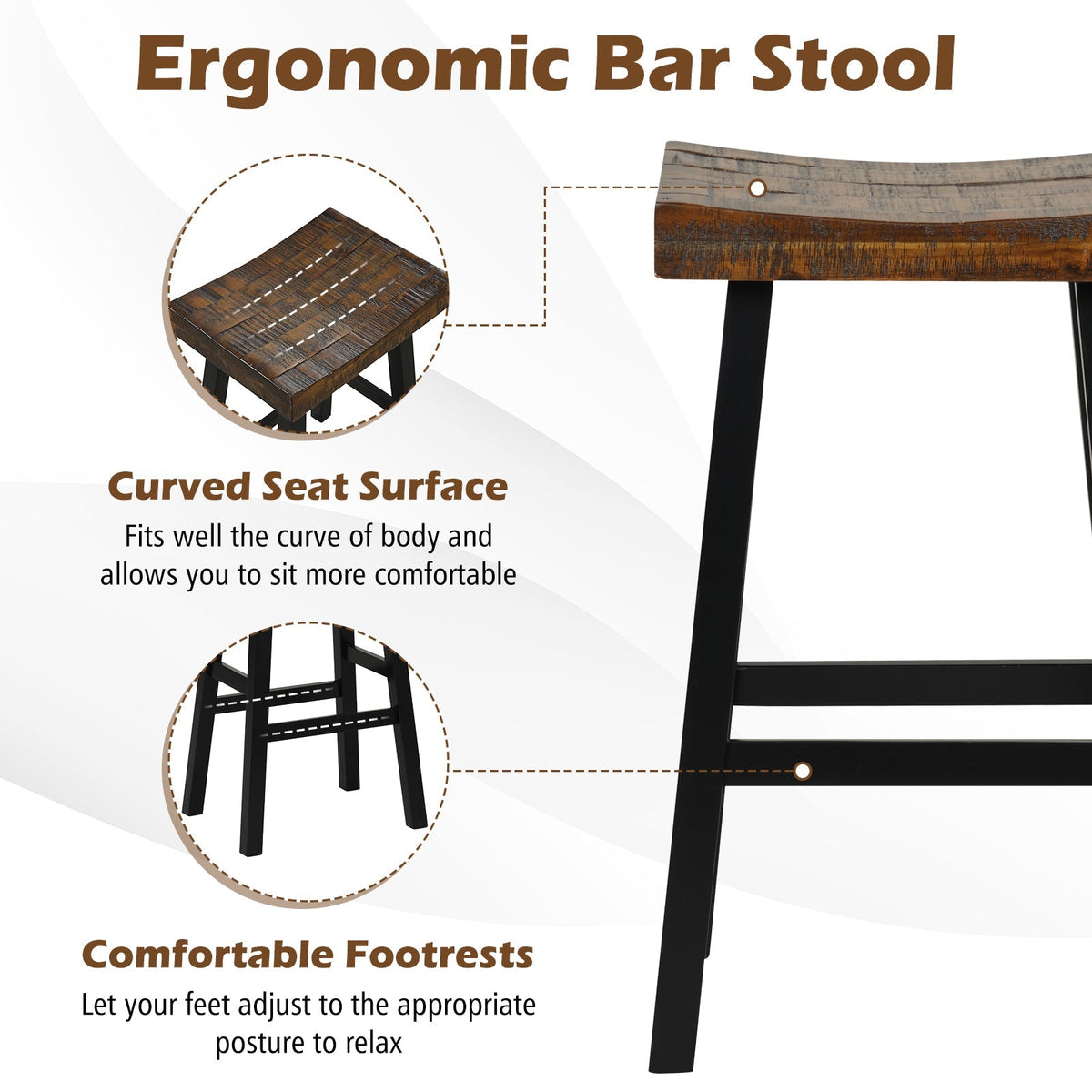 24 Inch Solid Wood Saddle-Seat with Curved Seat Surface and Comfortable Footrests