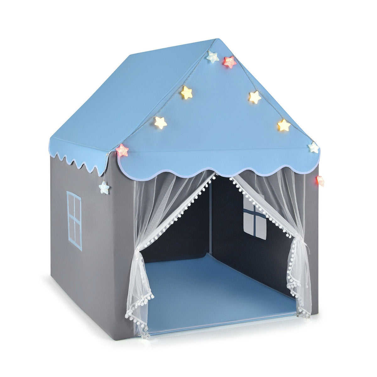 Kids Playhouse Tent with Colorful Star Lights and Mat-Blue