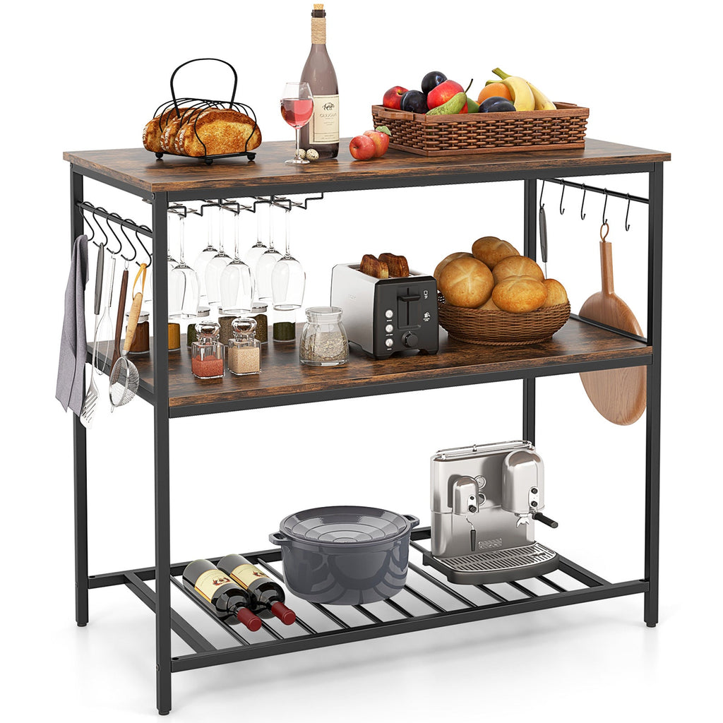 3 Shelves Kitchen Island Industrial Prep Table with Bottom Wine Rack-Rustic Brown
