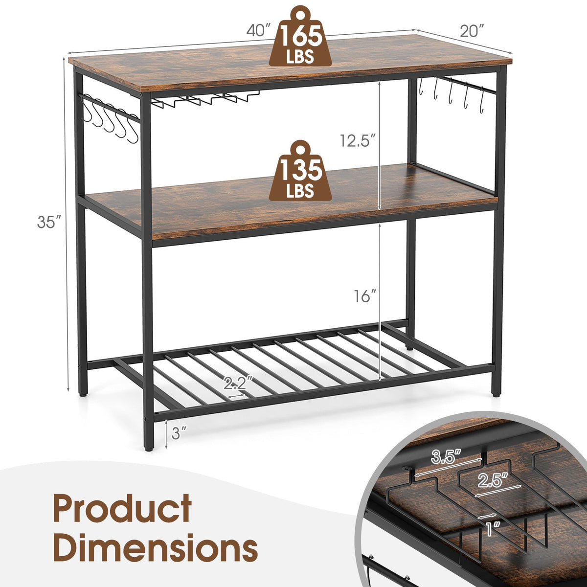 3 Shelves Kitchen Island Industrial Prep Table with Bottom Wine Rack-Rustic Brown