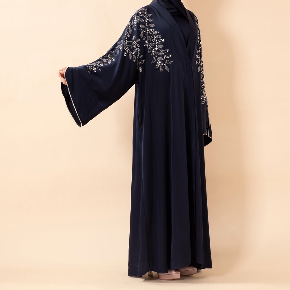 Leaf Embellishment Satin 3-Piece Abaya Set for Eid (MOA244)