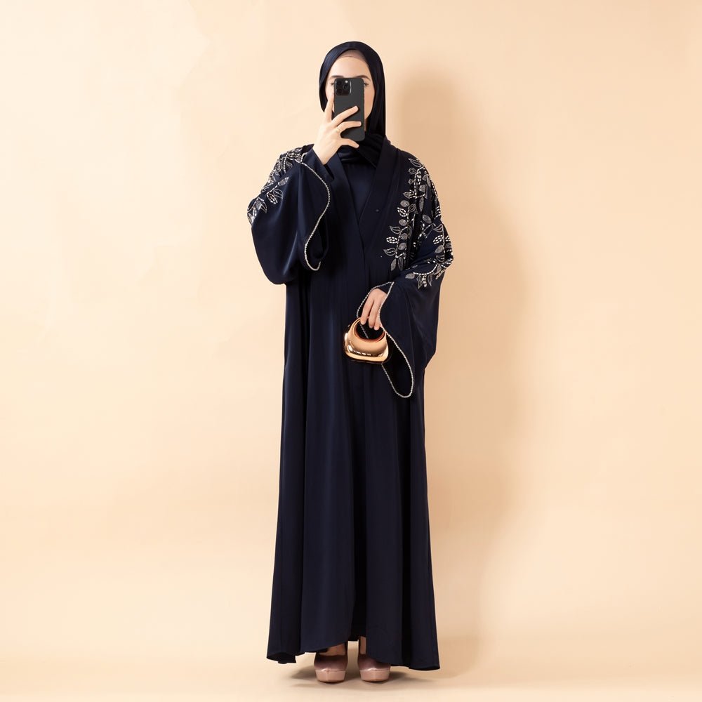 Leaf Embellishment Satin 3-Piece Abaya Set for Eid (MOA244)