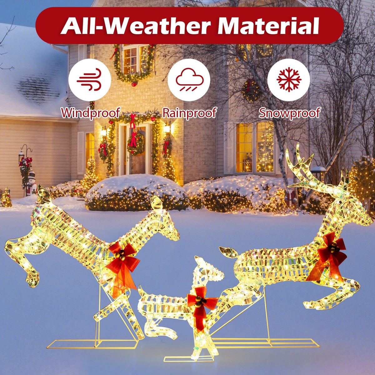 3-Piece Lighted Christmas Reindeer Family with LED Lights and Bows