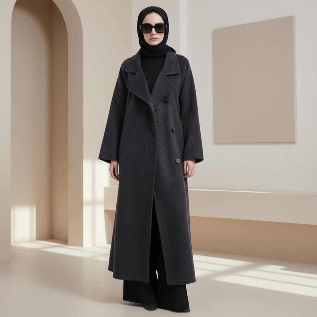 Long Wool Blend Trench Coat Abaya | Double-Breasted Belted Overcoat(MS188)