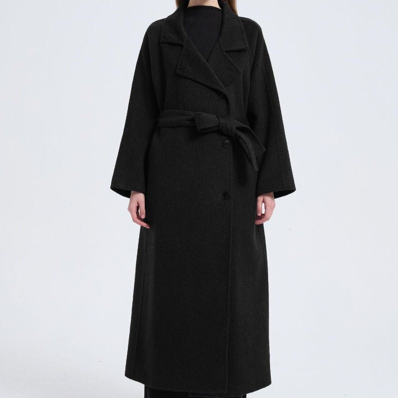 Long Wool Blend Trench Coat Abaya | Double-Breasted Belted Overcoat(MS188)