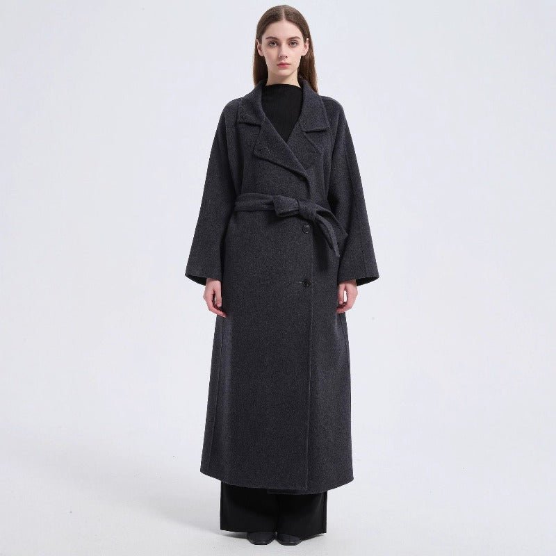 Long Wool Blend Trench Coat Abaya | Double-Breasted Belted Overcoat(MS188)