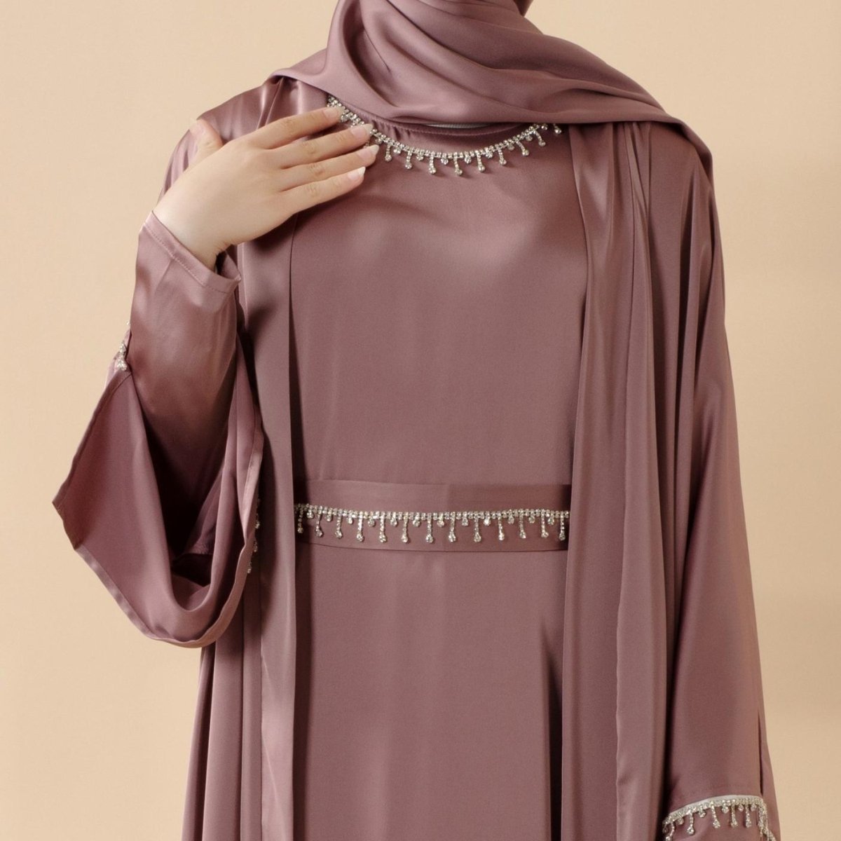 Luxury Satin Abaya With Diamond Tassels Belt,  6-Piece Set (MOA041)
