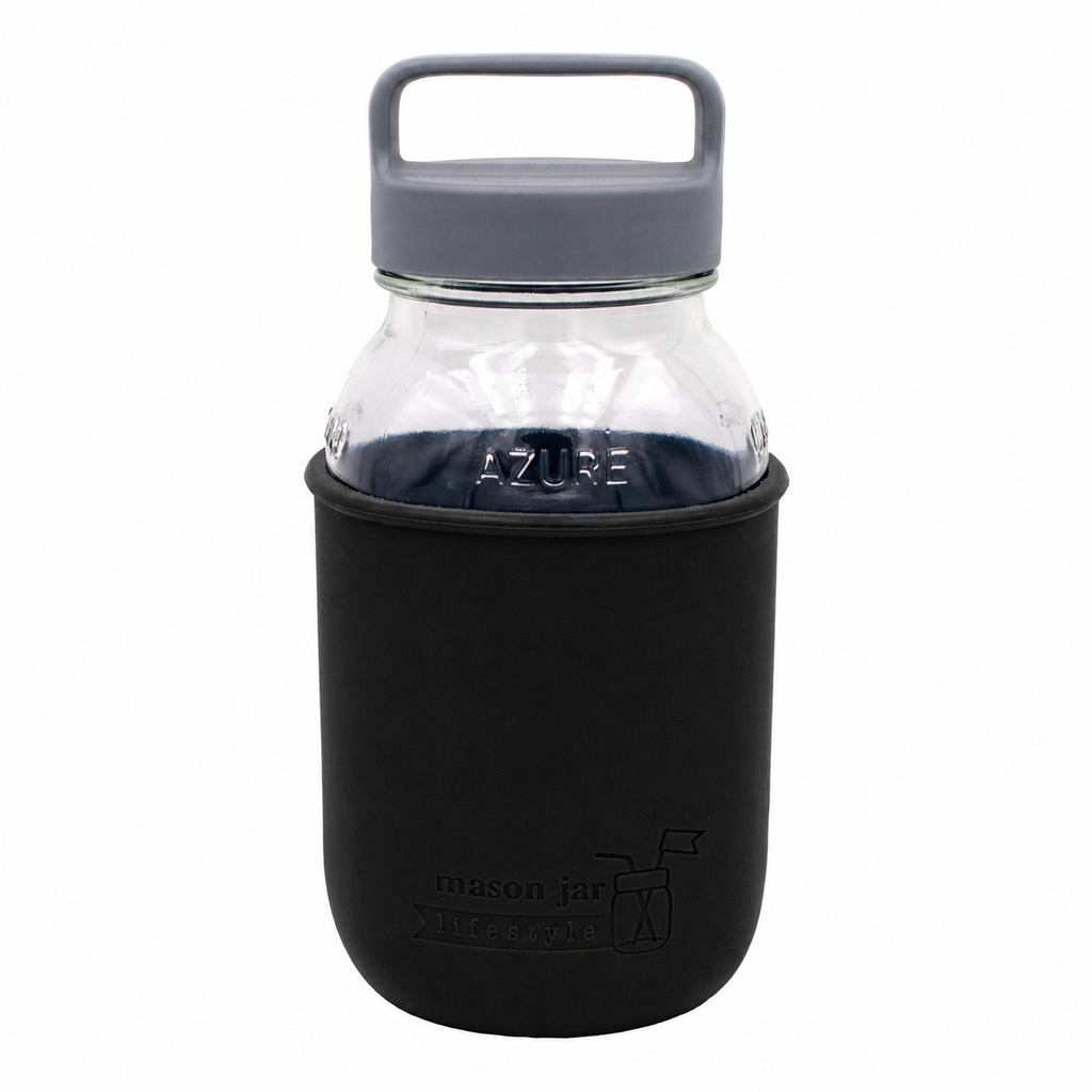Mason Jar Lifestyle 32oz Quart Glass Water Bottle with Silicone Sleeve & Carry Handle