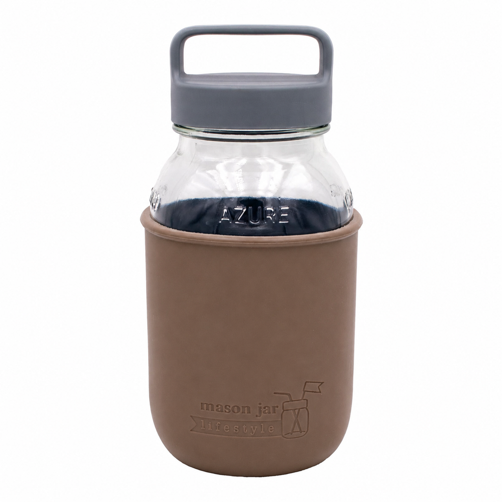 Mason Jar Lifestyle 32oz Quart Glass Water Bottle with Silicone Sleeve & Carry Handle