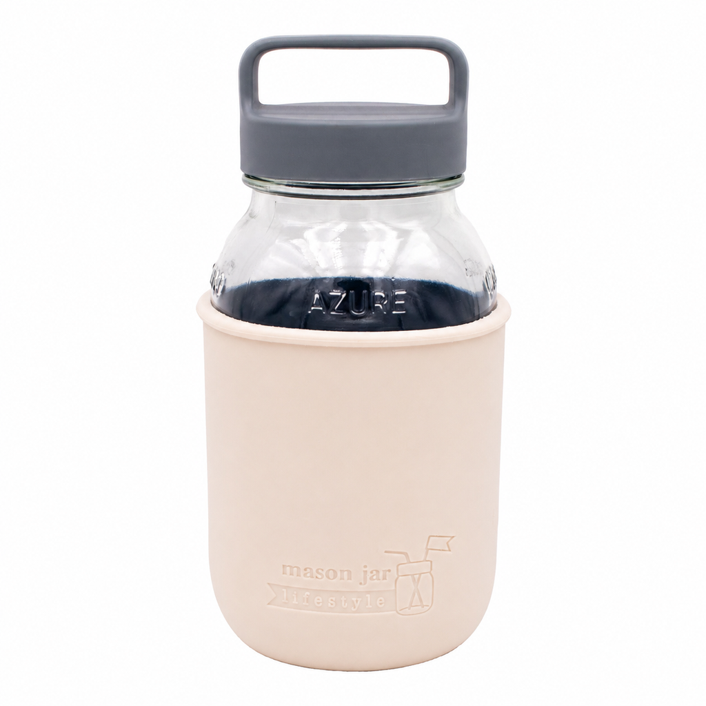 Mason Jar Lifestyle 32oz Quart Glass Water Bottle with Silicone Sleeve & Carry Handle