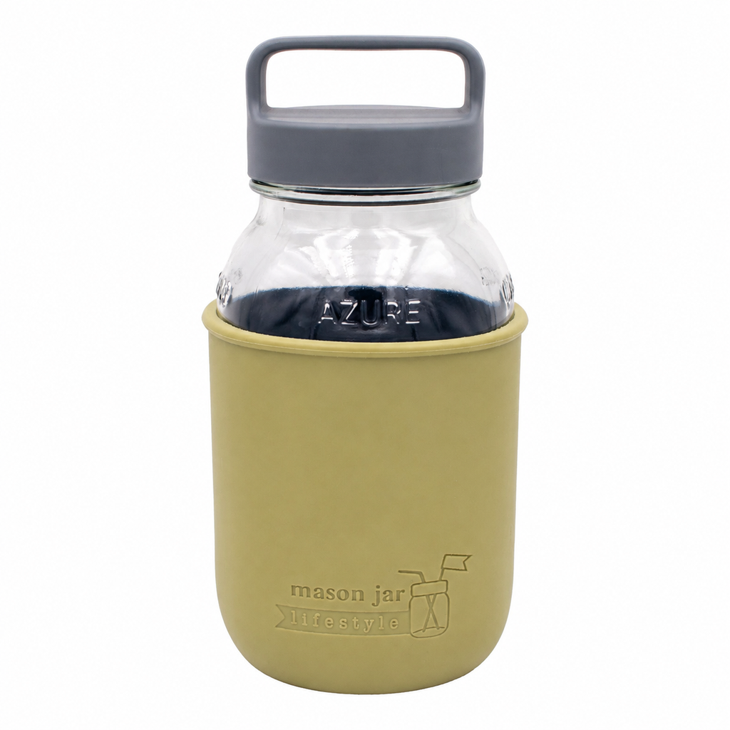 Mason Jar Lifestyle 32oz Quart Glass Water Bottle with Silicone Sleeve & Carry Handle