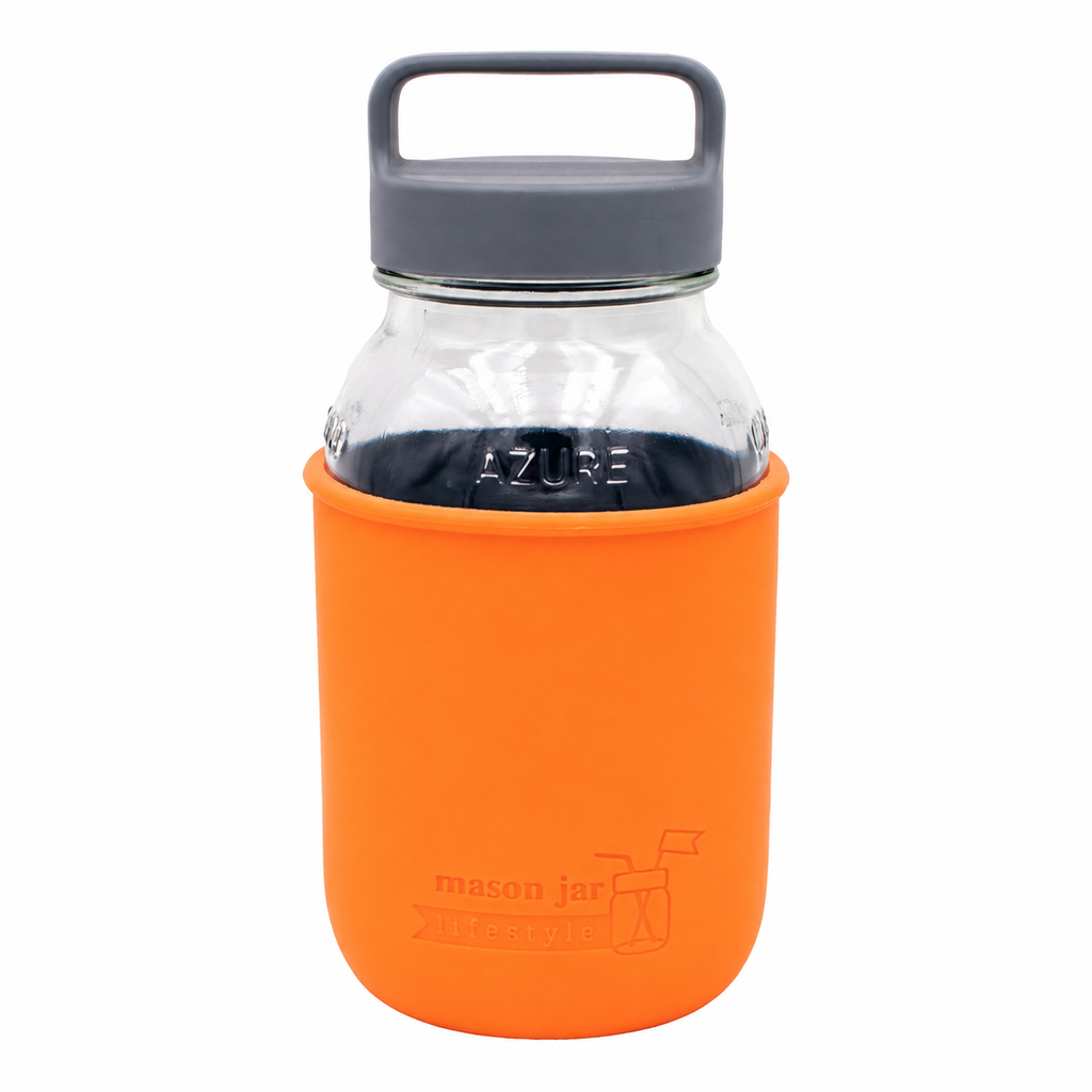 Mason Jar Lifestyle 32oz Quart Glass Water Bottle with Silicone Sleeve & Carry Handle