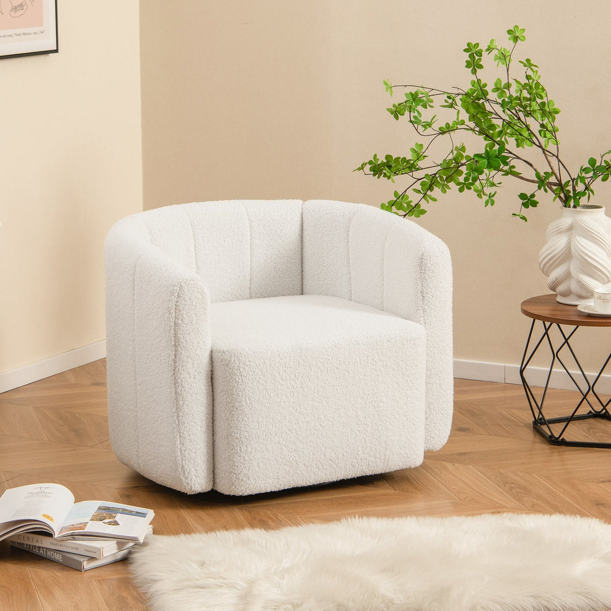 Modern Upholstered Sherpa Accent Chair with Curved Backrest and Armrests-White