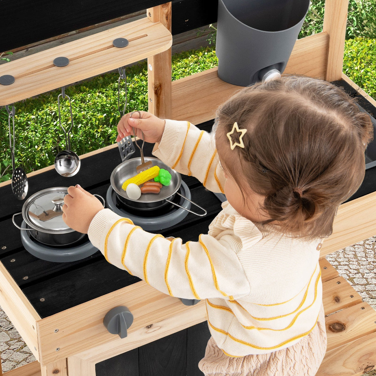 Mud Kitchen Playset Kids Play Kitchen Outdoor with 2 Removable Sinks-Natural