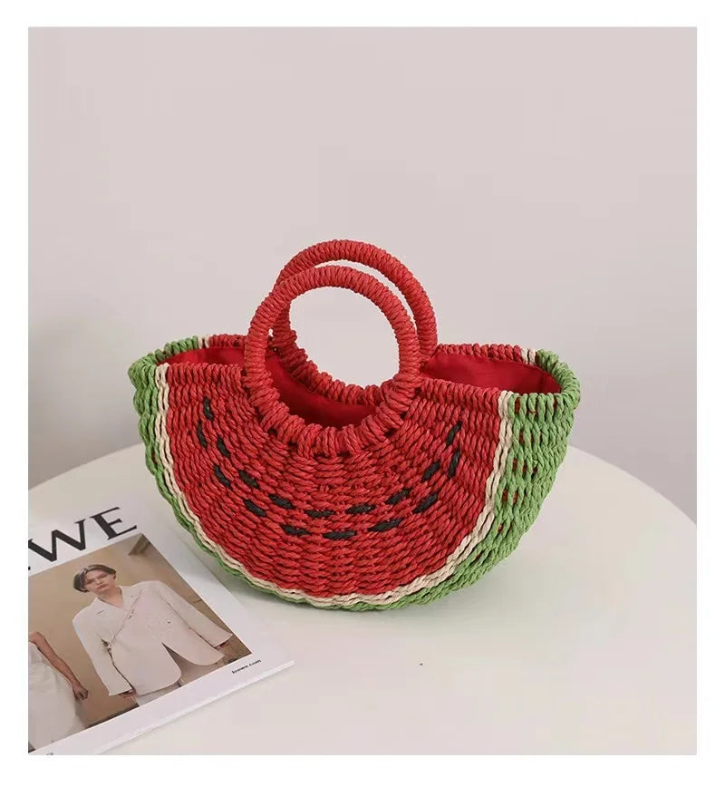 New Watermelon Straw Women Shoulder Bags Luxury Designer Fashion Bohemia Female Crossbody Bag Handmade Cute Fruit Handbag