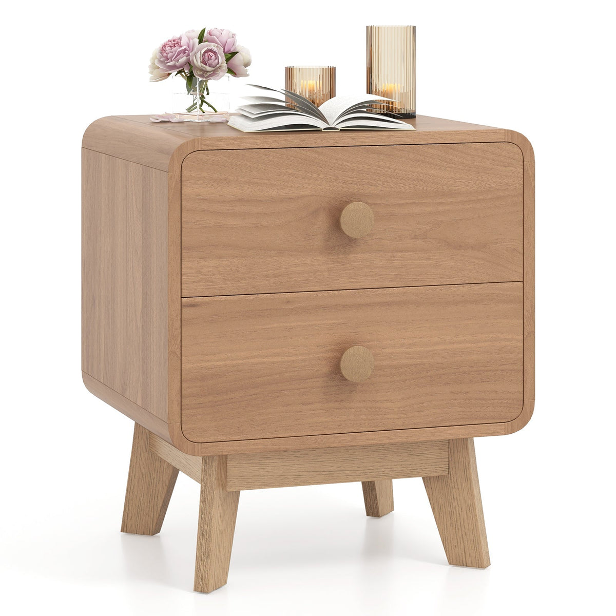Nightstand with 2 Drawers Solid Rubber Wood Legs