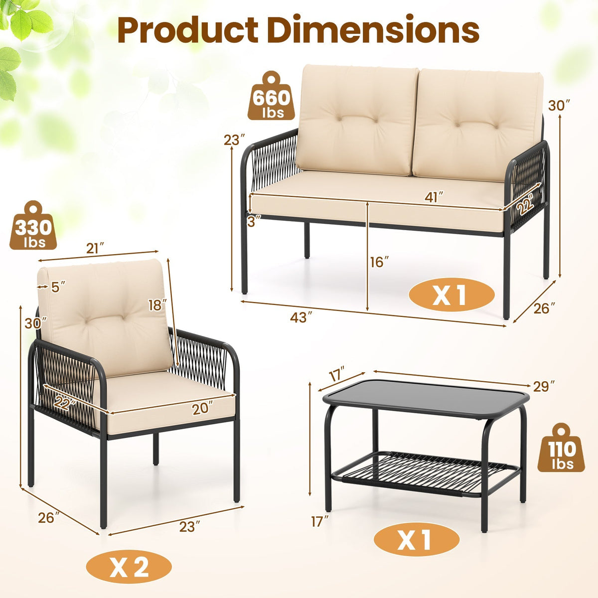 4 Pieces Patio Furniture Set PE Rattan Sofa Chairs with Loveseat-Beige