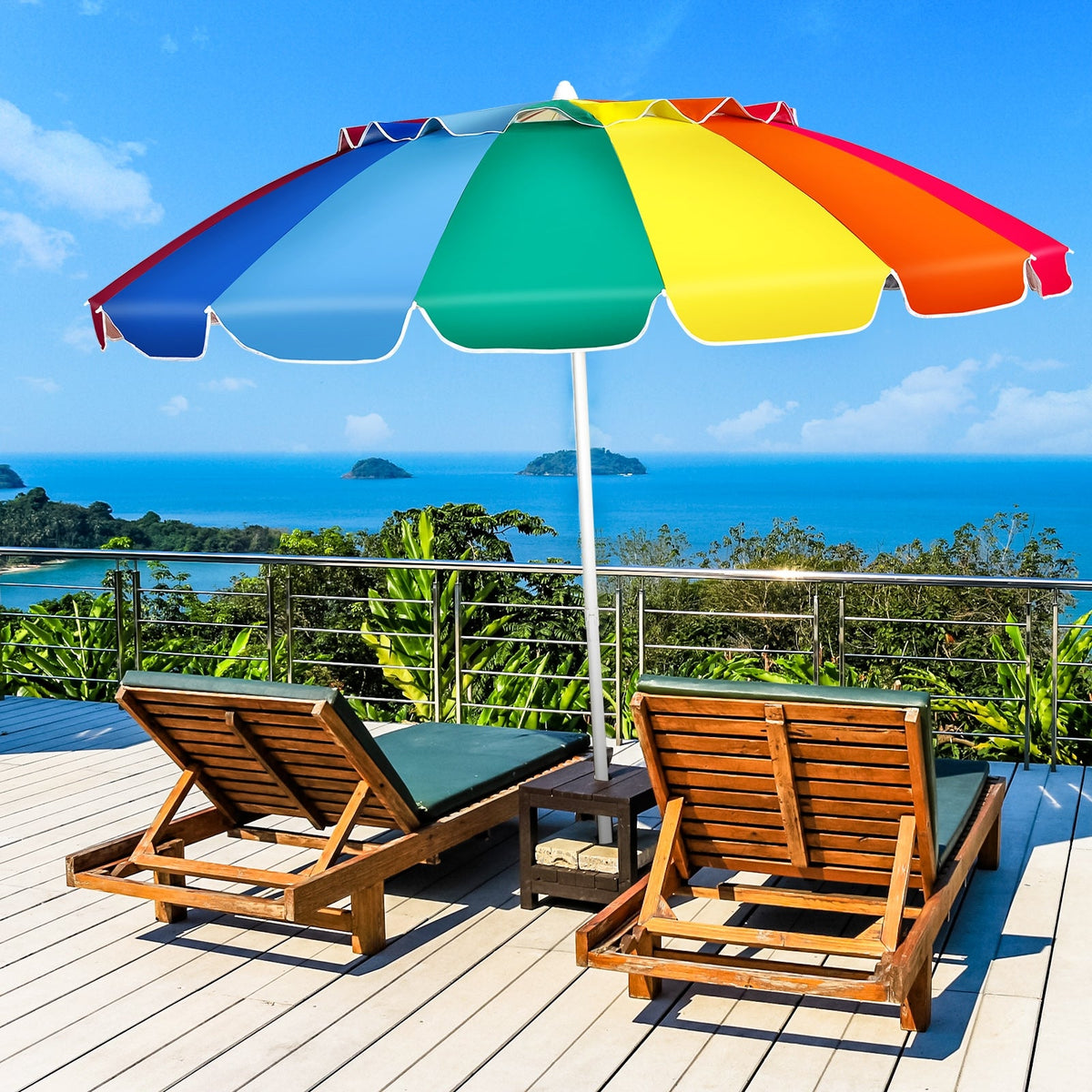 8FT Portable Beach Umbrella with Sand Anchor and Tilt Mechanism for Garden and Patio