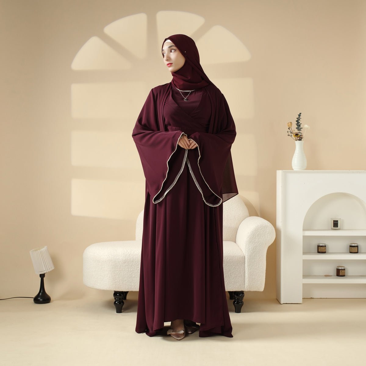 Open Kimono Abaya Set, Kimono Style Abaya 3-Piece Set (MOA094)