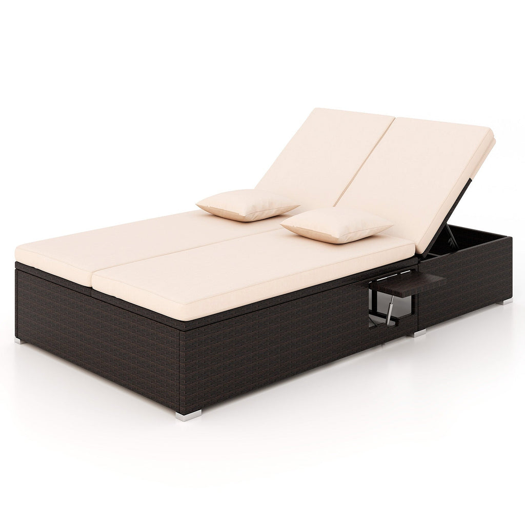 Patio Double Chaise Lounge with Cushions and Folding Side Trays