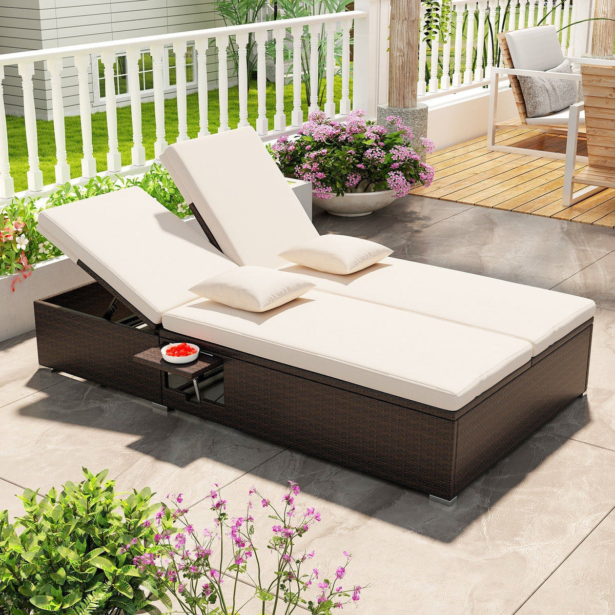 Patio Double Chaise Lounge with Cushions and Folding Side Trays