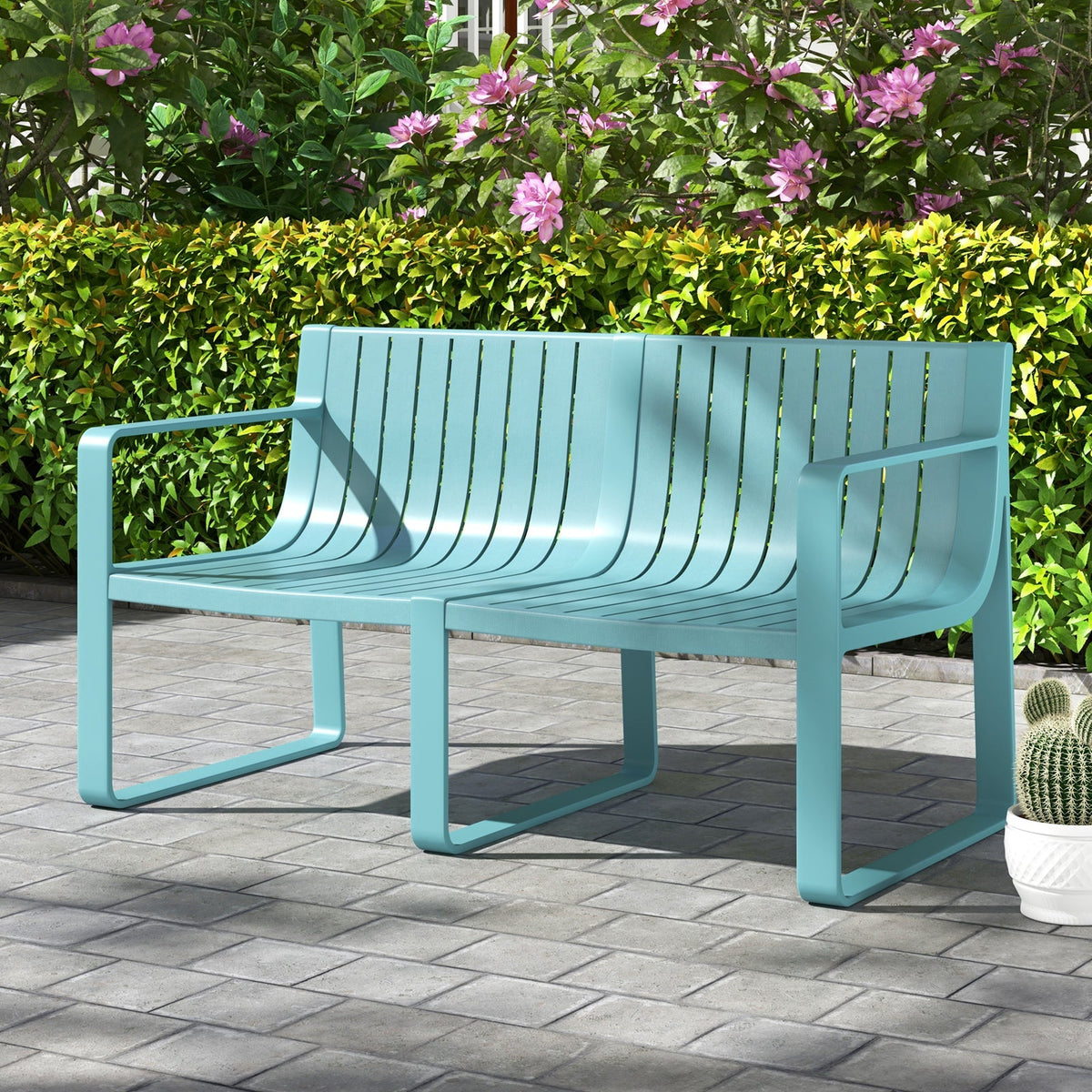 Weather-resistant Plastic 2-Person Bench with Curved Backrest