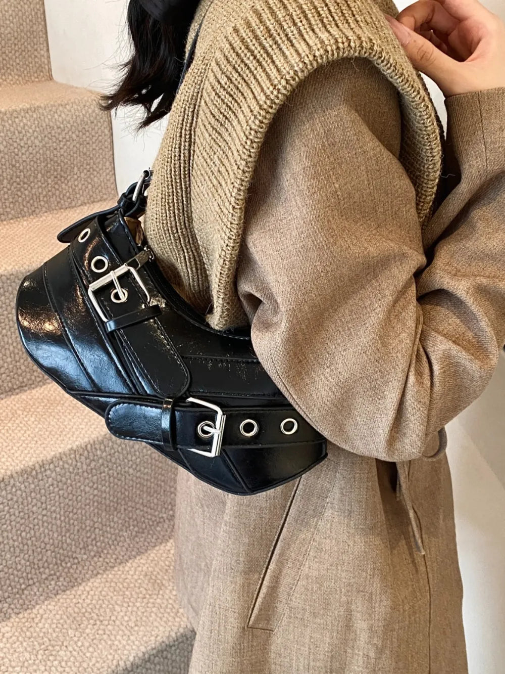 PU Leather Buckle Shoulder Bag