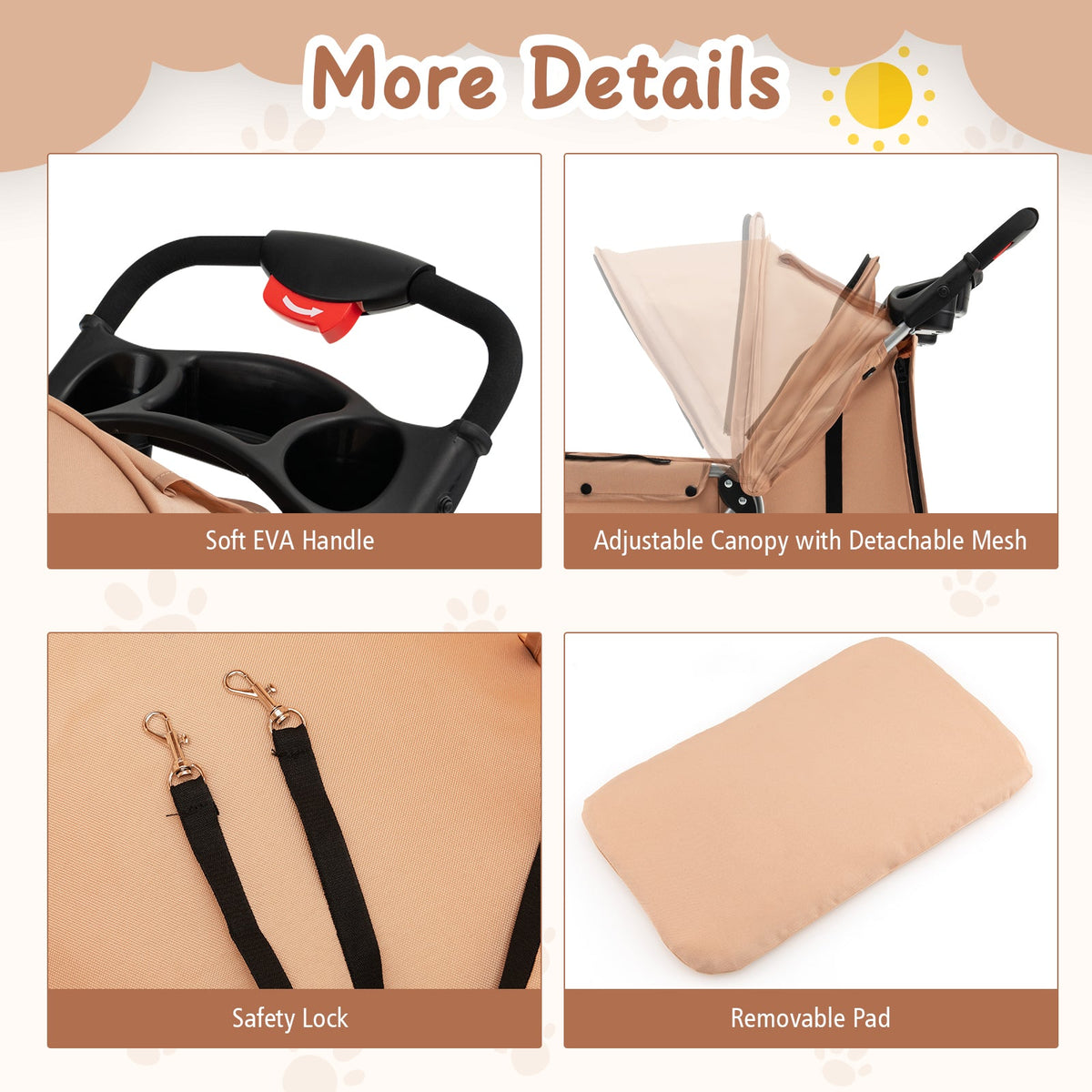 Folding Pet Stroller with Storage Basket and Adjustable Canopy-Beige