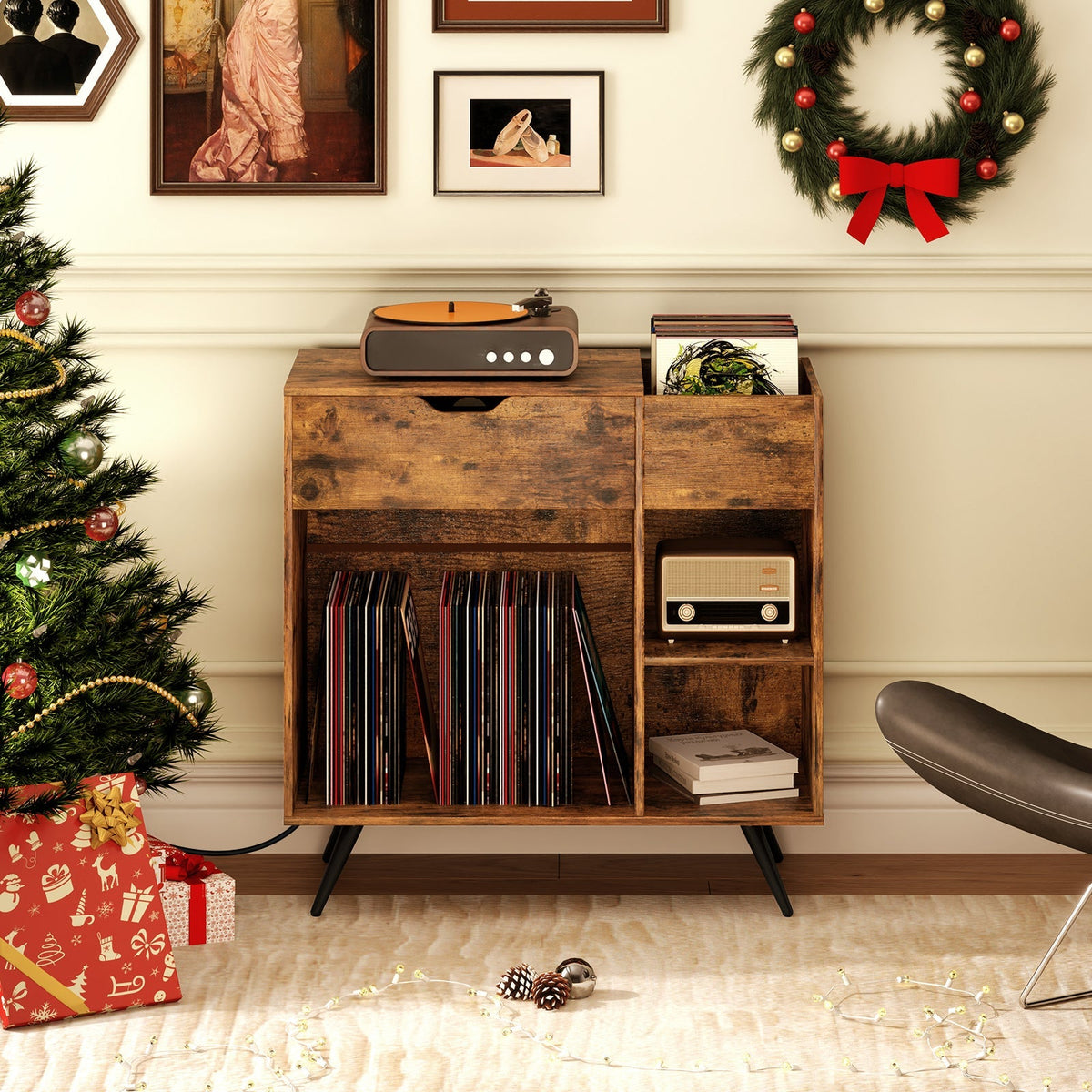 Record Player Stand with Power Outlet-Rustic Brown