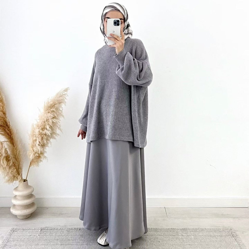 Ribbed Knit Sweater & Maxi Skirt Set | Oversized Pullover Two-Piece(MS224)