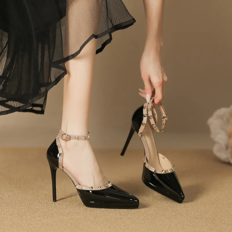 Rivet Decor Ankle Strap Stiletto Pumps