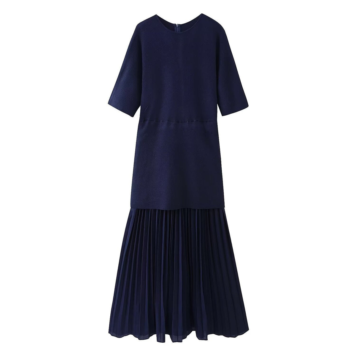 Round neck short sleeved knitted patchwork pleated dress long skirt
