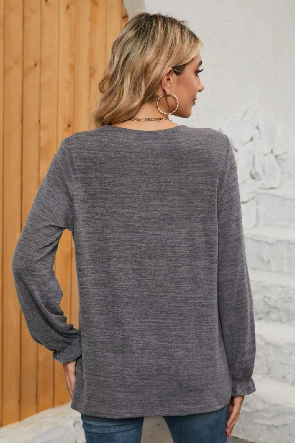 Ruched Round Neck Flounce Sleeve T-Shirt