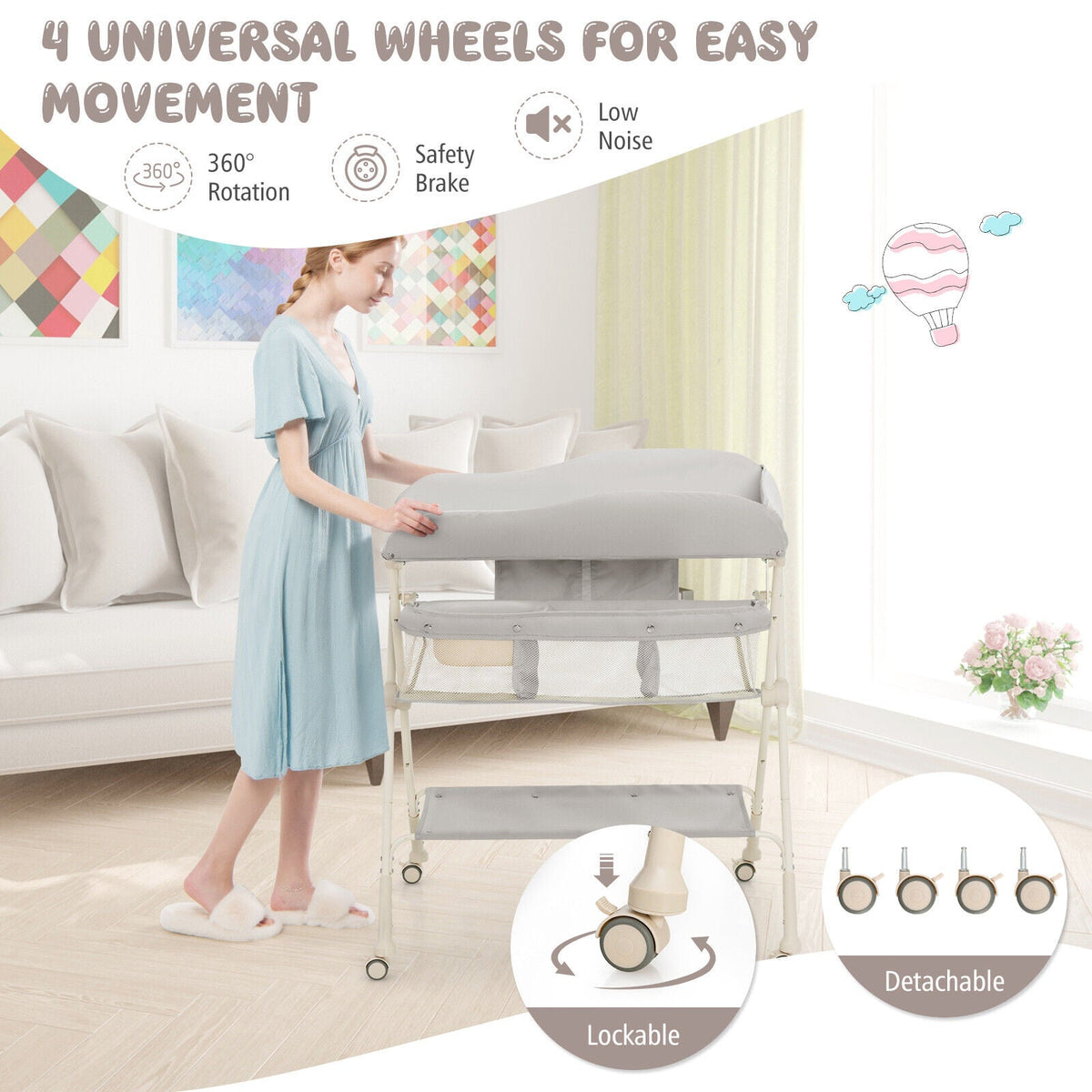 Baby Diaper Changing Table with Water Basin Wheel-Gray