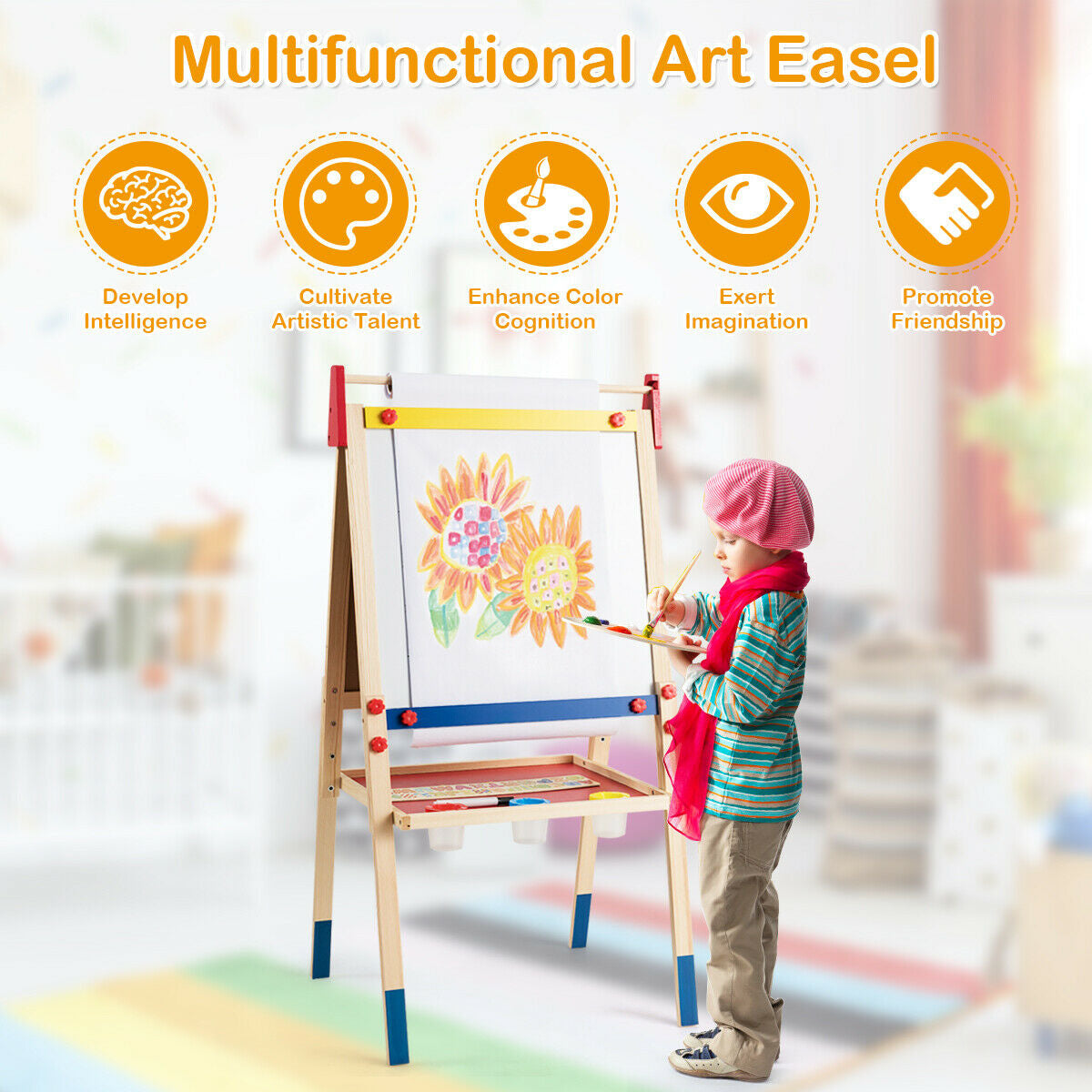 All-in-One Wooden Height Adjustable Kid's Art Easel with Magnetic Stickers and Paper