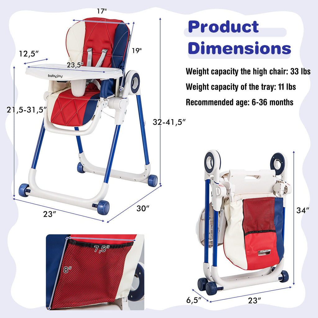 Baby High Chair Foldable Feeding Chair with 4 Lockable Wheels-Red