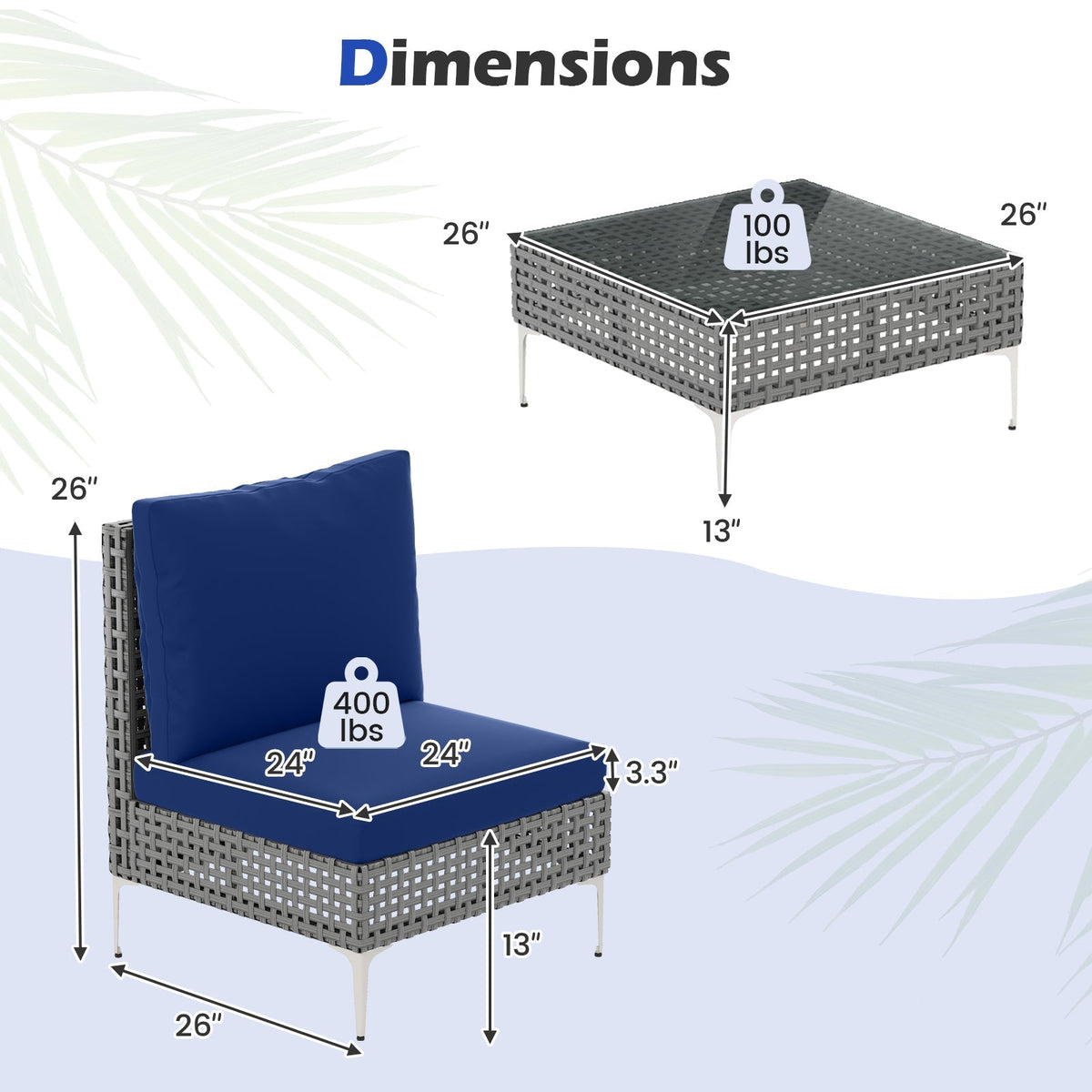 3 Pieces PE Rattan Conversation Chairs with Tempered Glass Coffee Table for Garden Porch-Navy