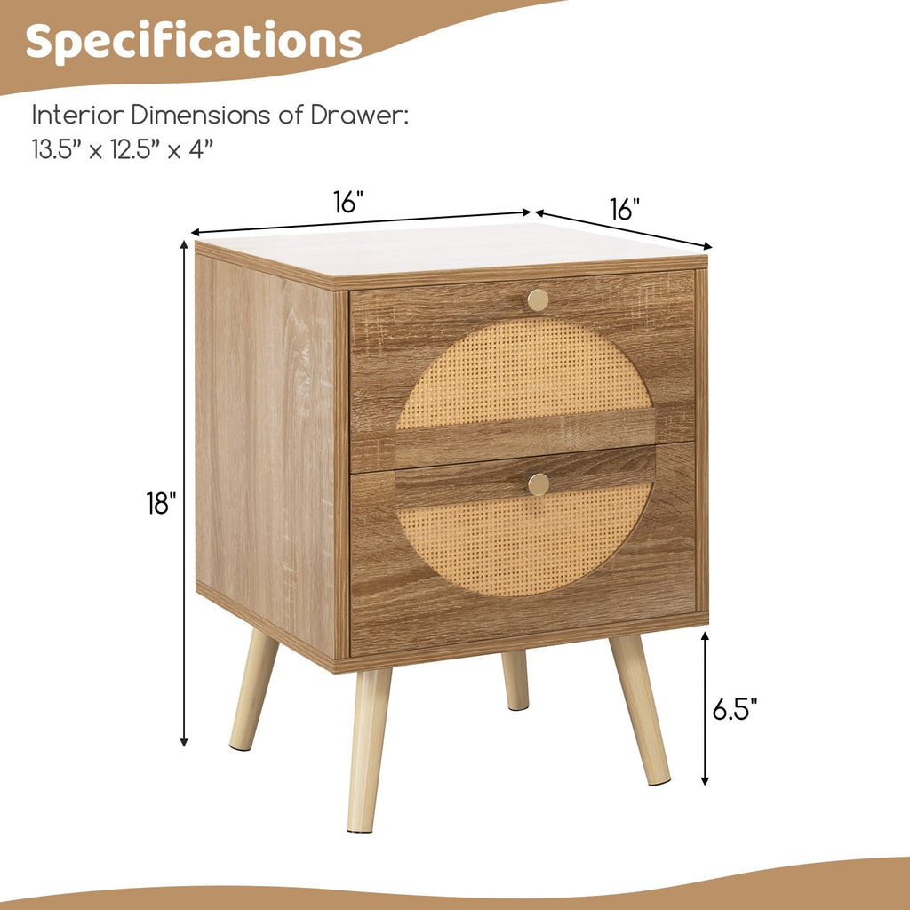 Set of 2 Rattan Nightstand with 2 Drawers and Solid Wood Legs-Natual