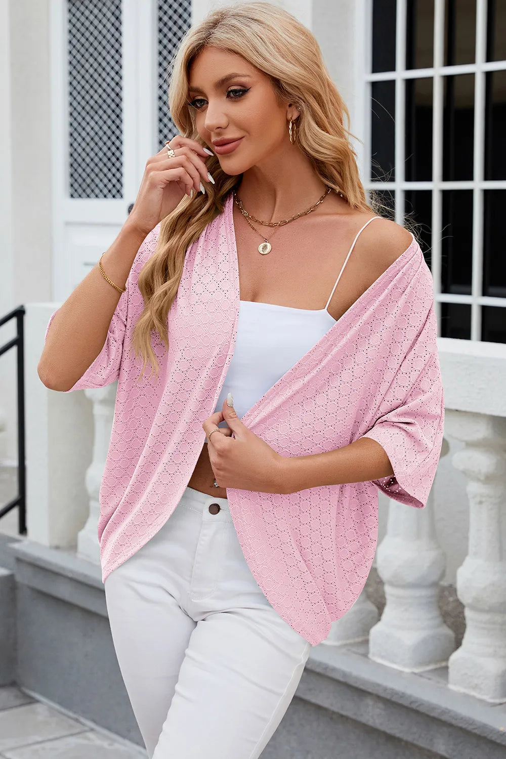 Solid color mid sleeved cardigan knitted cardigan jacket air-conditioned sweater