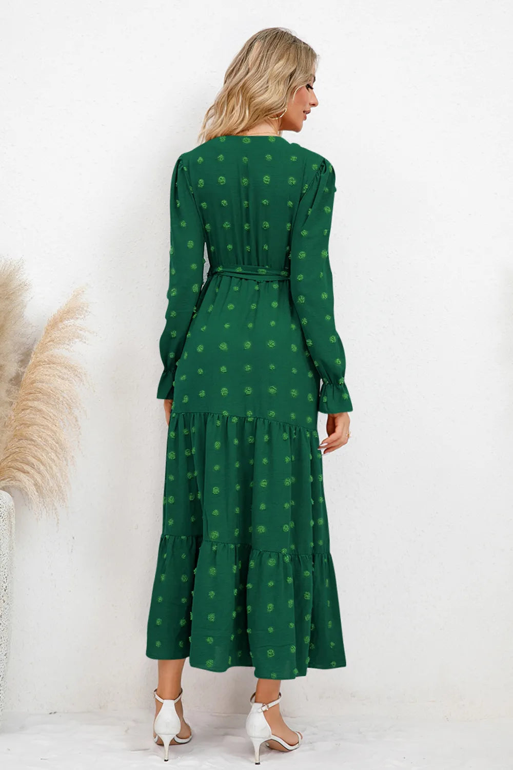 Swiss Dot Tied Surplice Flounce Sleeve Dress
