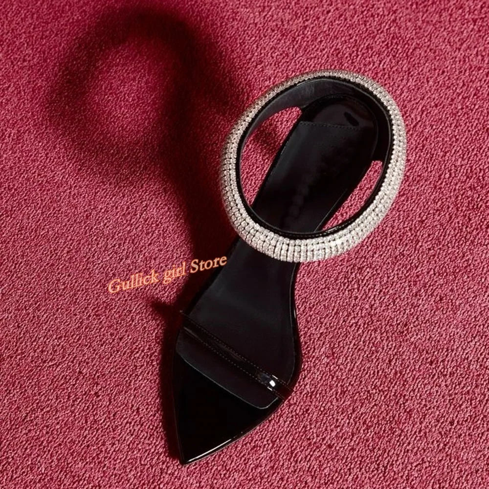 Top Quality Crystal Strap Stiletto Sandals Sexy Pointed Toe Black Patend Leather Slip On Fashion   Summer New Arrivals Shoes