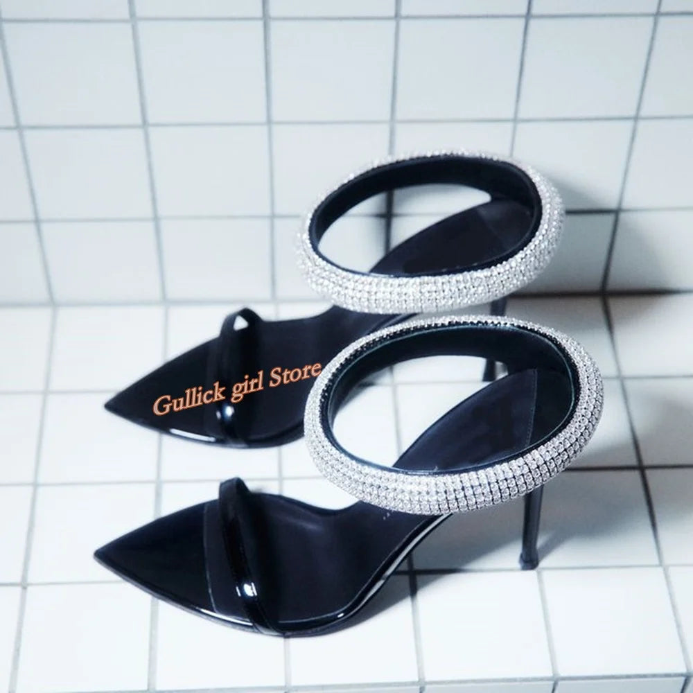 Top Quality Crystal Strap Stiletto Sandals Sexy Pointed Toe Black Patend Leather Slip On Fashion   Summer New Arrivals Shoes