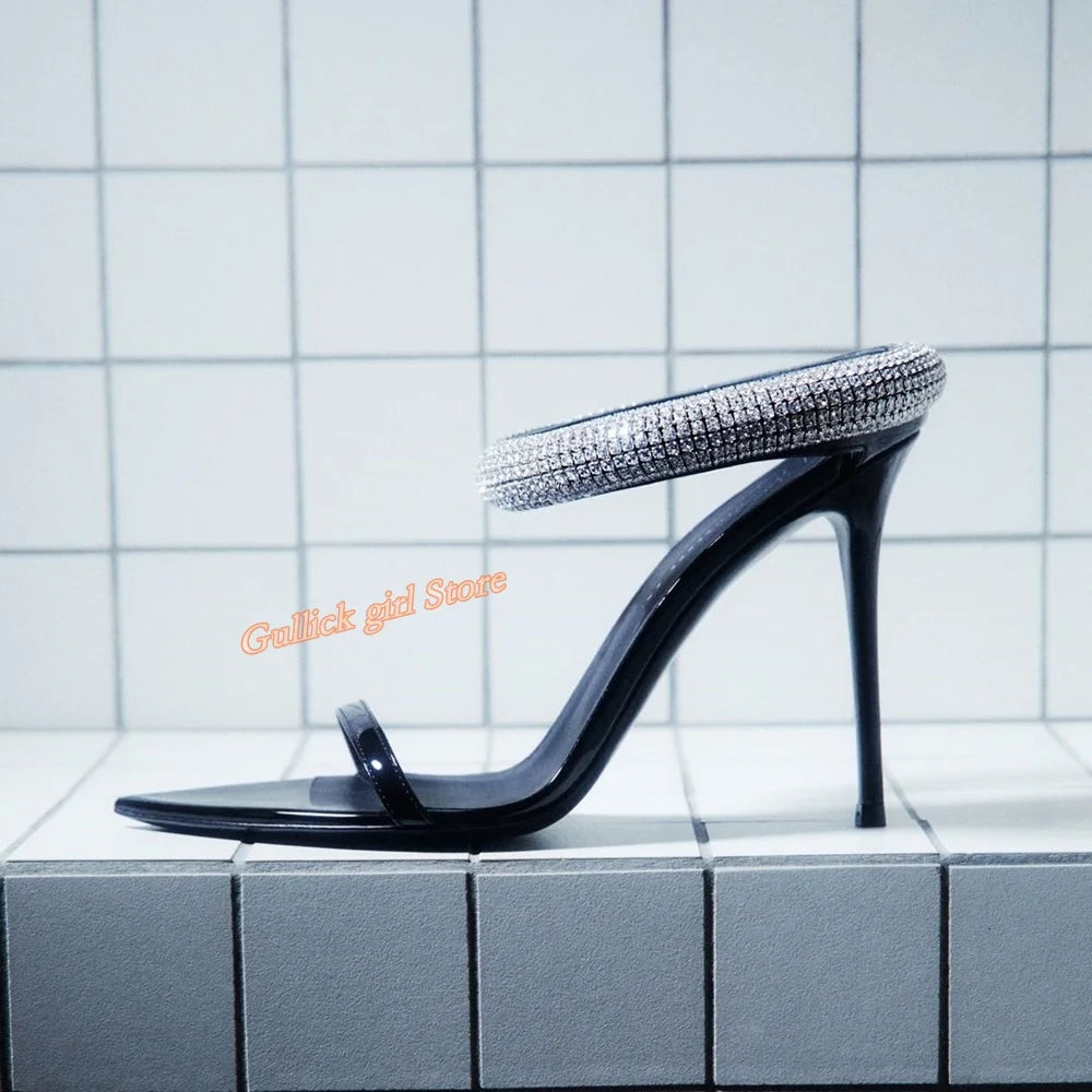 Top Quality Crystal Strap Stiletto Sandals Sexy Pointed Toe Black Patend Leather Slip On Fashion   Summer New Arrivals Shoes