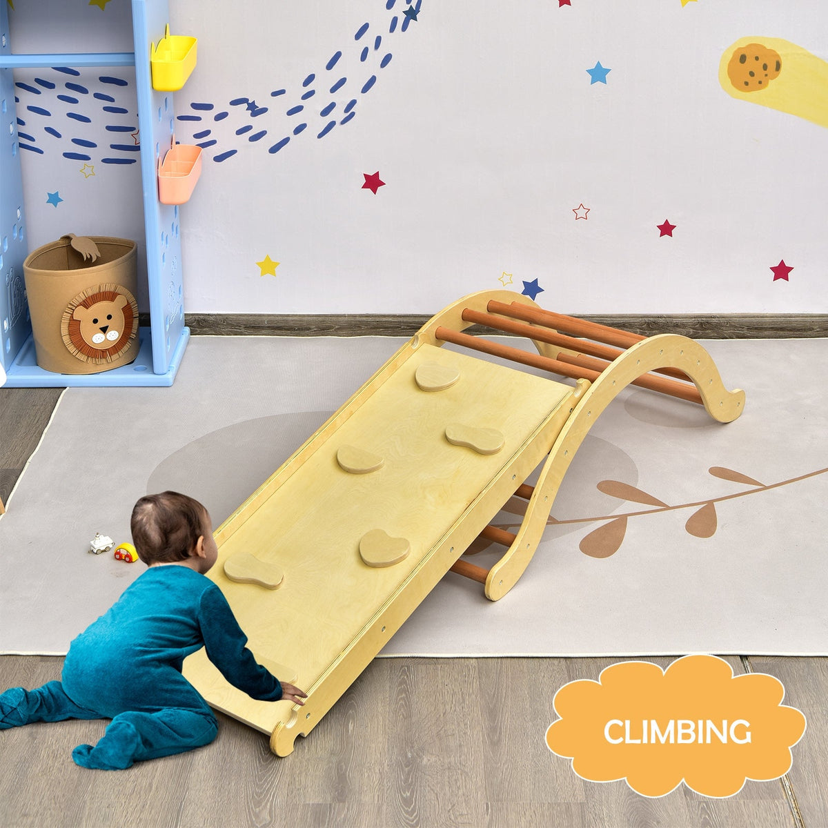 3-in-1 Kids Wooden Arch Triangle Rocker Climber Set with Ramp and Mat