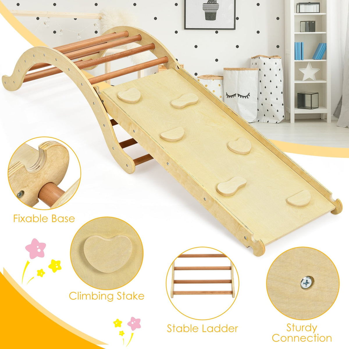 3-in-1 Kids Wooden Arch Triangle Rocker Climber Set with Ramp and Mat
