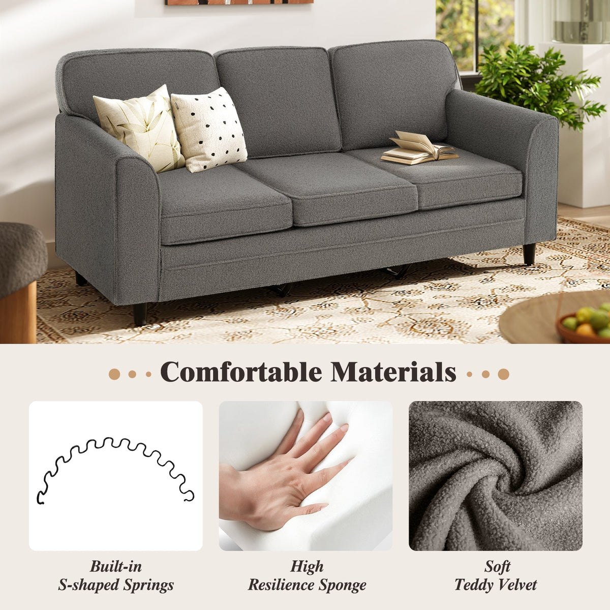 Upholstered Teddy Velvet 3-Seat Sofa with Comfy Back Pillows