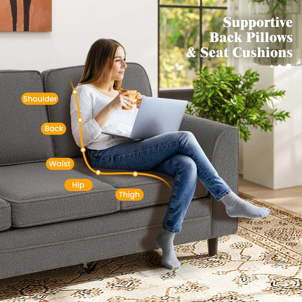 Upholstered Teddy Velvet 3-Seat Sofa with Comfy Back Pillows