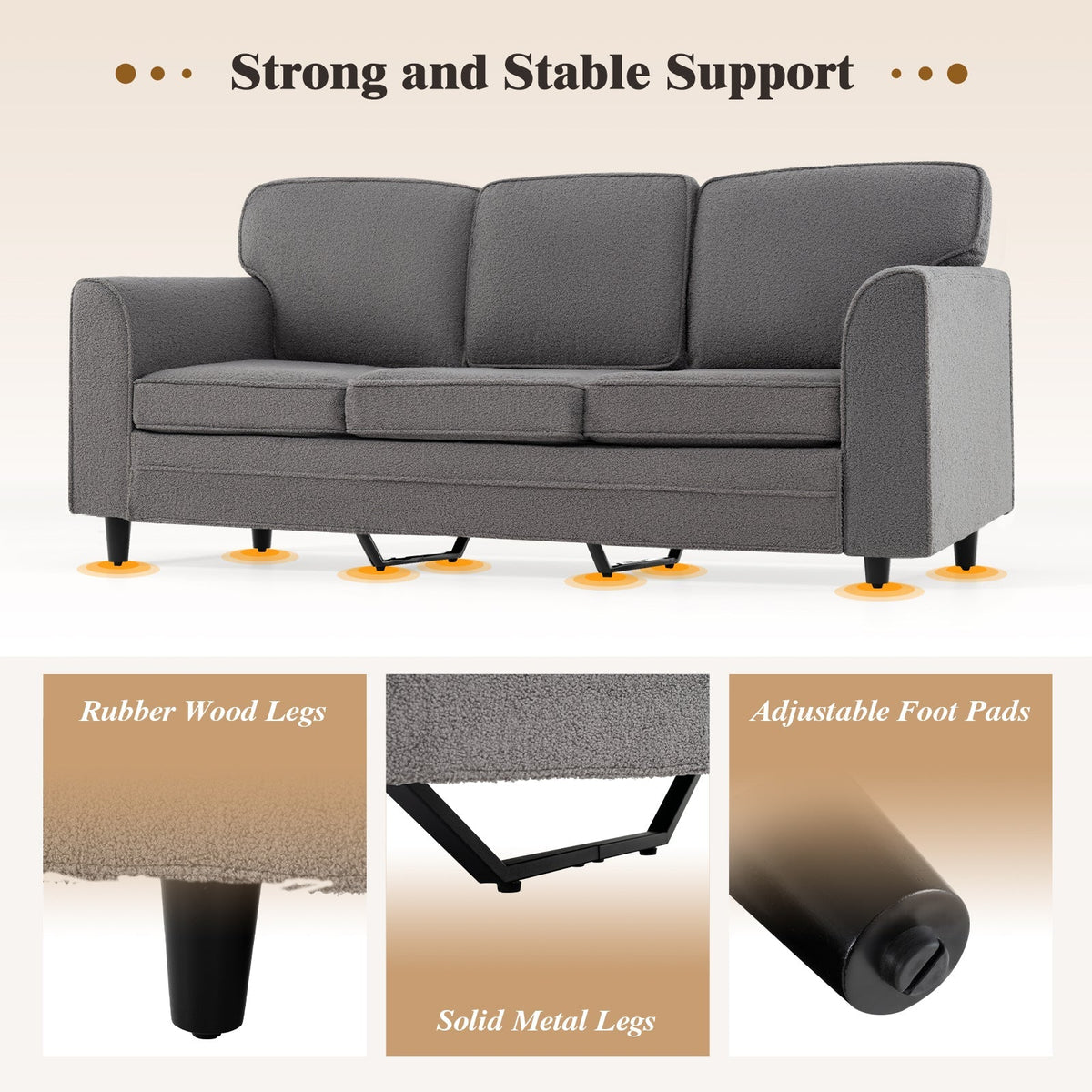Upholstered Teddy Velvet 3-Seat Sofa with Comfy Back Pillows