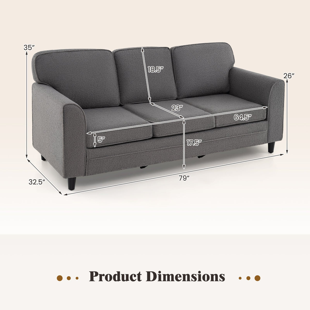 Upholstered Teddy Velvet 3-Seat Sofa with Comfy Back Pillows