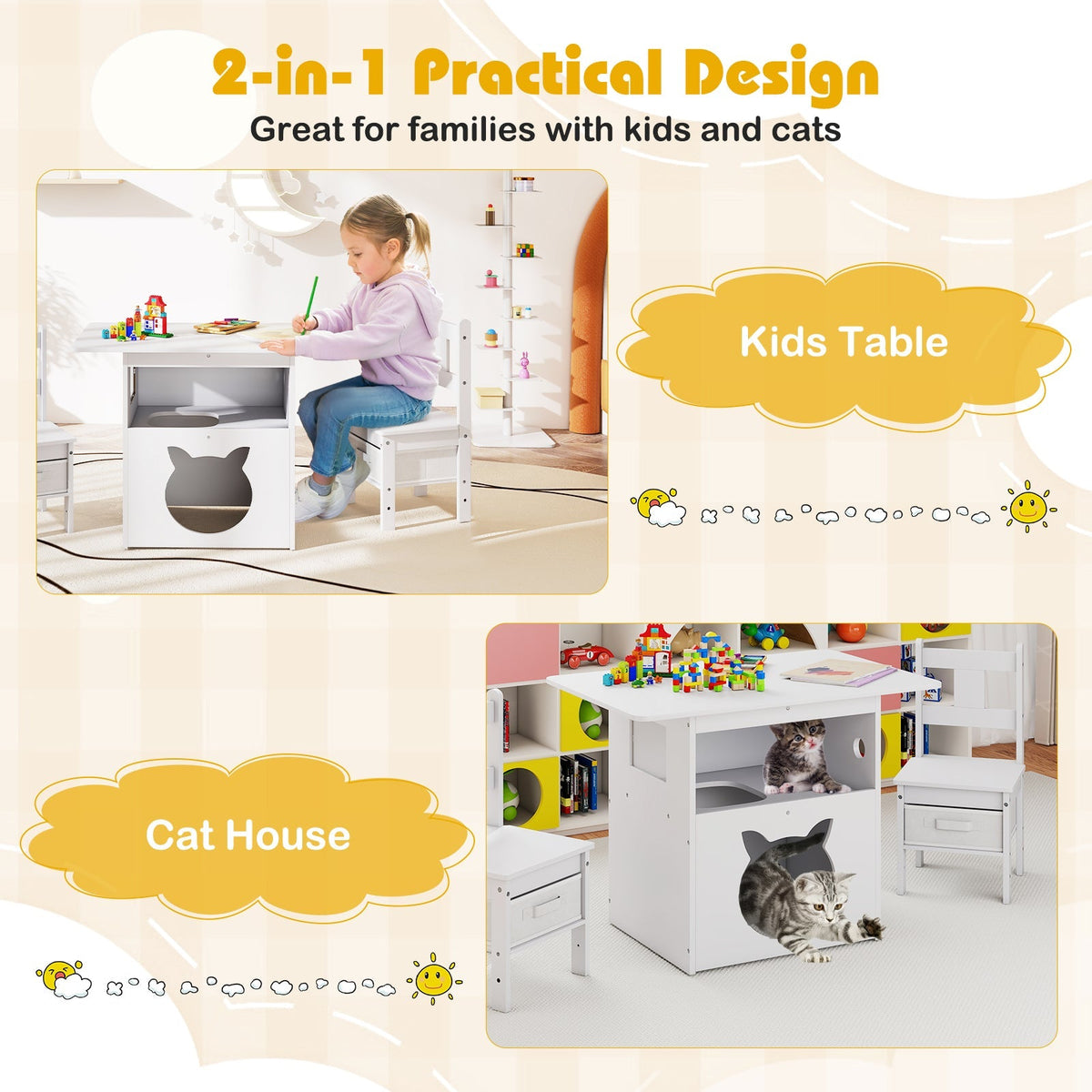 Kids Table and Chairs Set 3 Pieces Wooden Children Furniture with Cat House-White